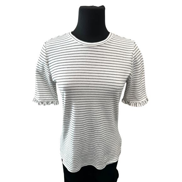 DOWNEAST | White Black Stripe Ruffle Sleeve Tee Top | Medium - Picture 2 of 7